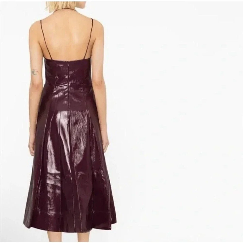 Staud Women Abstract Plum Burgundy Corset Faux Leather Midi Dress
